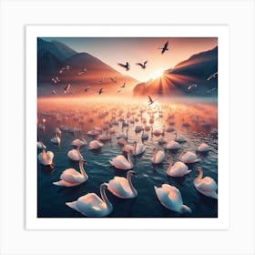 Sunrise Swans Art Print