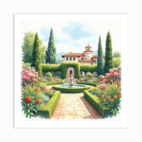 Watercolor Depiction Of A Serene Spanish Garden With Blooming Flowers Art Print