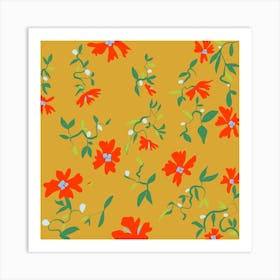 Red Flowers On A Yellow Background Art Print