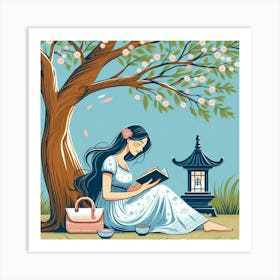 Asian Girl Reading, Vector Style Art Print