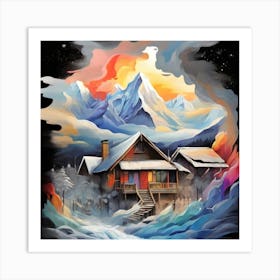 Abstract painting snow mountain and wooden hut 9 Art Print