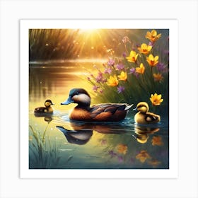 Ruddy Duck and Ducklings in the Late Evening Sun Art Print