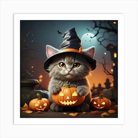 Halloween Kitten With Pumpkins Art Print