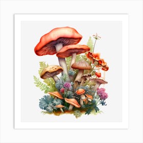 Mushrooms And Ferns Art Print