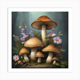 Mushrooms And Flowers Art Print Art Print