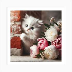 Cute Kitten With Flowers Art Print