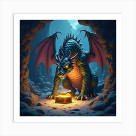 A Giant, Glowing Dragon Protecting A Treasure Chest In A Cave 1 Art Print