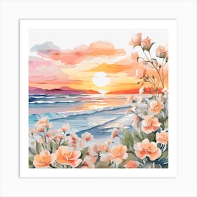 Sunset Flowers Watercolor Painting Art Print