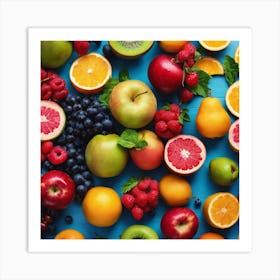Colorful Fruits On Blue Background Art Print