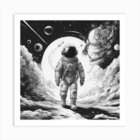 A Deer In Cosmonaut Suit Wandering In Space Art Print