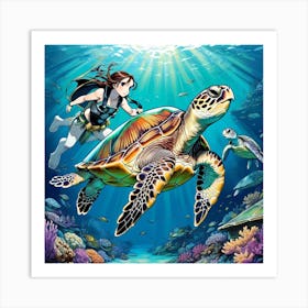 Scuba Diving With A Turtle Art Print