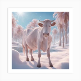 Digital Oil, Cow Wearing A Winter Coat, Whimsical And Imaginative, Soft Snowfall, Pastel Pinks, Blue Art Print