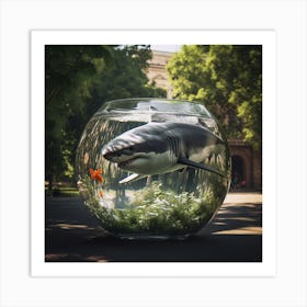 A great white shark in an enormous goldfish bowl in a park in photo realistic style Art Print