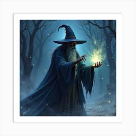 Black Magic Wizard Casting Spells, Watercolor Night Scene 1 Art Print