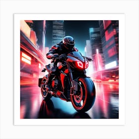 The Image Depicts A Futuristic Scene With A Black And Red Motorcycle Ridden By A Cyborg Art Print