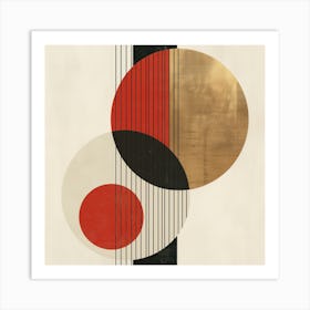 Dynamic Circles: Minimalist Geometry in Red, Black, White, Beige, and Gold Art Print