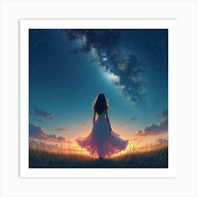 Charming Woman In Watercolor Dress, Celestial Night Sky 1 Art Print