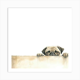 Pug Dog Peeking Over The Wall Art Print