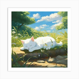 White Cat Sleeping In The Grass Poster