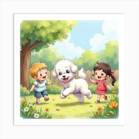 A Friendly Bichon Frise Playing In The Garden With Children, Watercolor 1 Art Print