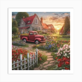 Country Cottage Sunrise Fence Abundant Flower Gardens Stone Pathway Red Farm Truck Ultra Hd Art Print