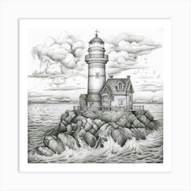 Lighthouse,A drawing of a lighthouse on a rock in the ocean. Art Print