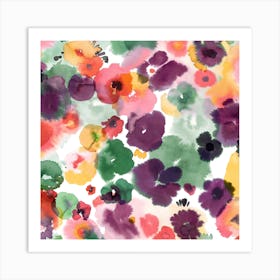 Abstract Watercolor Flowers Spicy Square Art Print