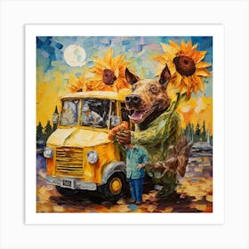 Dog With Sunflowers Art Print