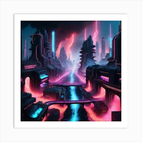 Cyberpunk city with lava flowing through Art Print