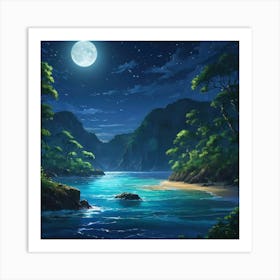 Moonlit Tropical Cove With Lush Greenery and Serene Sea at Night Art Print