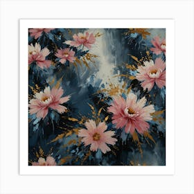 Pink Flowers On A Blue Background Art Print