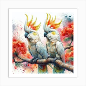 A Pair Of Citron Crested Cockatoos Mix Art Print