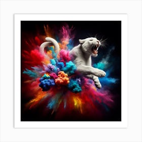 White Tiger Flying Through Colorful Powder Art Print