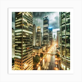 A cityscape at night with tall buildings and a rainy sky with a dramatic scene. Art Print