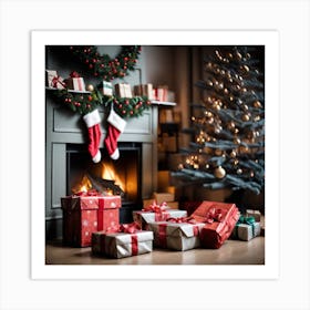 Christmas Presents In Front Of Fireplace 11 Art Print