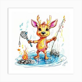 Deer Fishing In The Water Art Print