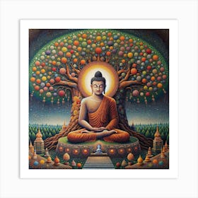"Enlightened Repose" - This art piece embodies the profound stillness and enlightenment of the Buddha. Seated under a vibrant tree of life bursting with colorful spheres, the Buddha meditates, radiating peace and wisdom. The tree's abundant fruits signify the potential for spiritual nourishment and growth, while the luminous aura highlights the state of awakening. Below, a pathway leads to the enlightened one, inviting viewers on a journey of introspection and discovery. This detailed mosaic of meditation, set against a backdrop of intricate patterns and ancient stupas, is ideal for those seeking inspiration or a serene focal point for reflection in their space. "Enlightened Repose" is not just a painting; it's a portal to inner peace and spiritual richness. Art Print