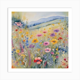 Multicolored Wildflowers Watercolor Field Drawing Summer 1 Art Print