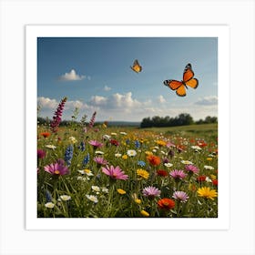 A Peaceful Meadow With Colorful Wildflowers And Butterflies Fluttering Around 2 Art Print