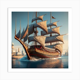 Xebec Ship Sailing On The Sea With Persian Town (3) Art Print