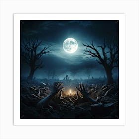 Gothic Style Illustration Skeletal Hands Breaking Through The Soil Full Moon Casting An Eerie Glow (4) Art Print