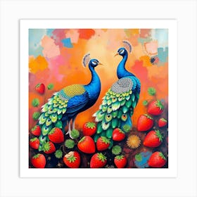 Peacocks And Strawberries Art Print