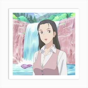 Anime Girl Standing In Front Of Waterfall 1 Art Print