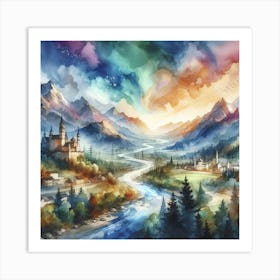 Watercolor Of A Castle In The Mountains Art Print