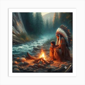 Oil Texture Native American Mother And Daughter By Stream 3 Copy Art Print