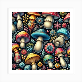 Seamless Pattern With Mushrooms And Flowers Art Print