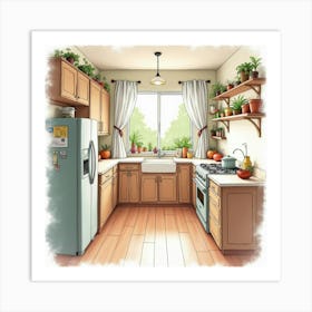 Artistic Watercolor Kitchen, Cozy, Inviting Atmosphere 1 Art Print