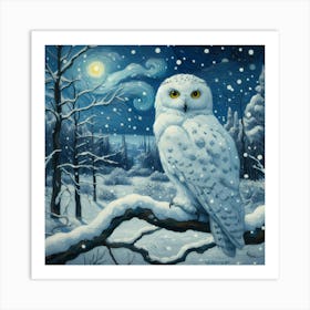 Snowy Owl In Winter Forest With Snow At Night, Van Gogh Painting Art Art Print