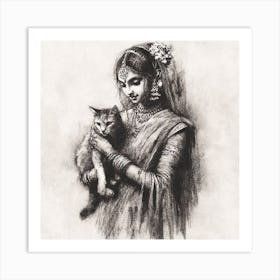 Indian Woman With Cat Art Print