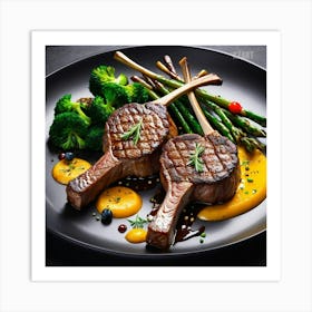 Steak And Vegetables On A Black Plate Art Print